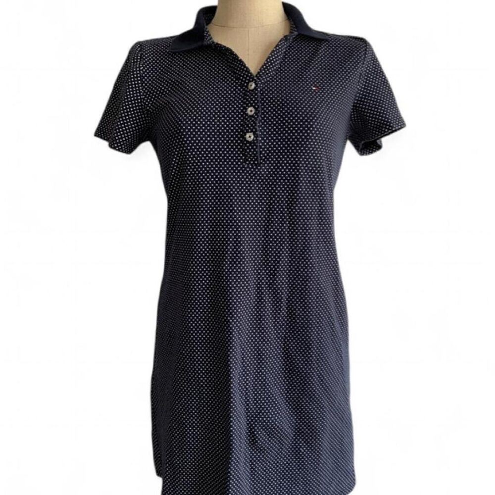 Tommy Hilfiger navy blue and white micro polka dot collared shirt dress with but